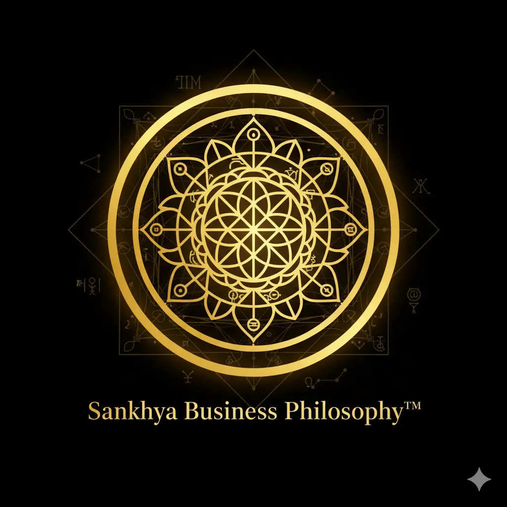 “Sankhya Business Philosophy golden mandala emblem – cosmic business numerology integration”